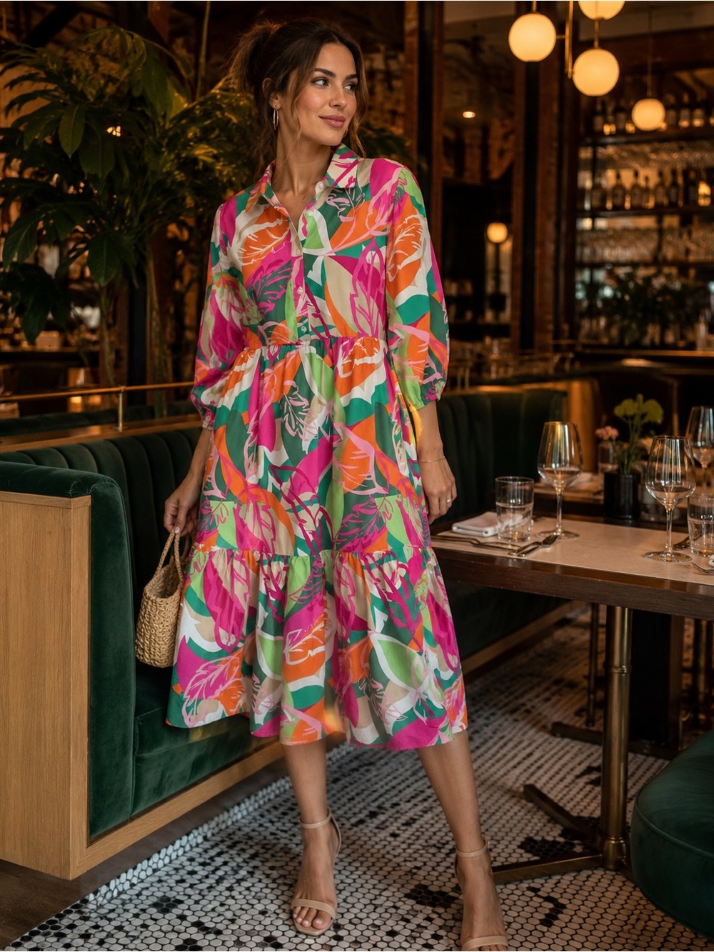LF Vibrant Tropical Print Midi Shirt Dress | Pink Green Orange Button Front